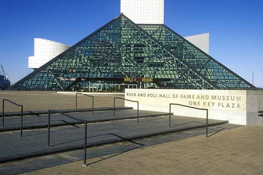 The pyramid shaped building of the Rock & Roll Hall of Fame in Cleveland, Ohio.